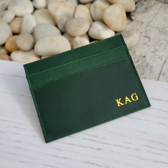 Initials Credit Card Holder, Green, Genuine Leather Matte Finish - Picture 1 of 7